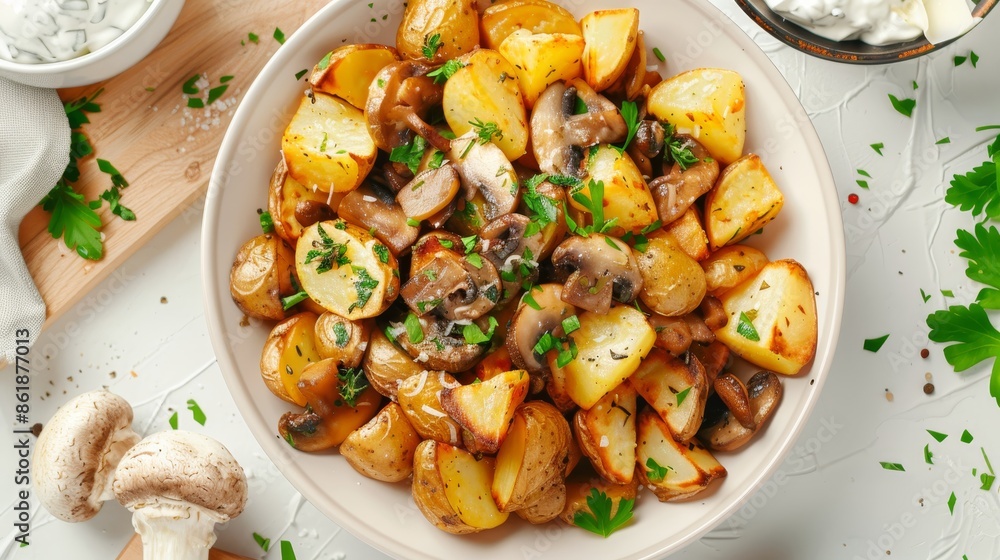 Realistic image of crispy potatoes and mushrooms with herb quark dip on bright background Realistic image of crispy potatoes and mushrooms with herb quark dip on bright background