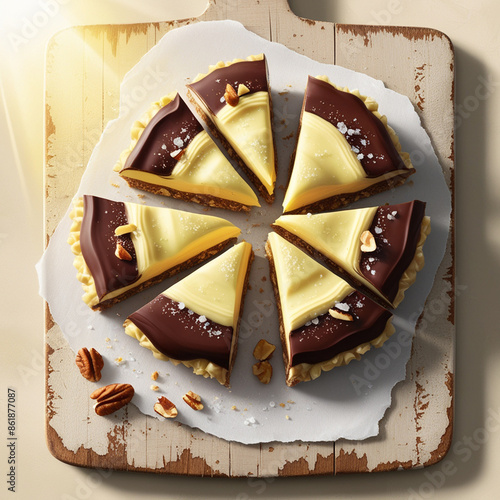 A decadent Nanaimo Bar illustration in vibrant digital art, depicting a generously portioned treat sliced into triangular pieces, adorned with a sprinkle of sea salt and a few crushed nuts on a distre photo