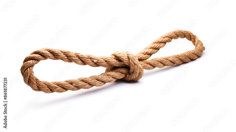 The image shows a single strand of rope tied in a loop ,rope is light brown and appears to be twisted. The image shows a single strand of rope tied in a loop ,rope is light brown and appears to be twisted.
