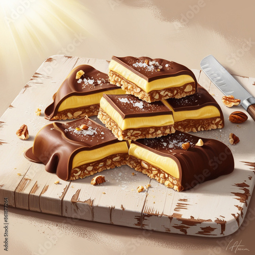 A decadent Nanaimo Bar illustration in vibrant digital art, depicting a generously portioned treat sliced into triangular pieces, adorned with a sprinkle of sea salt and a few crushed nuts on a distre photo