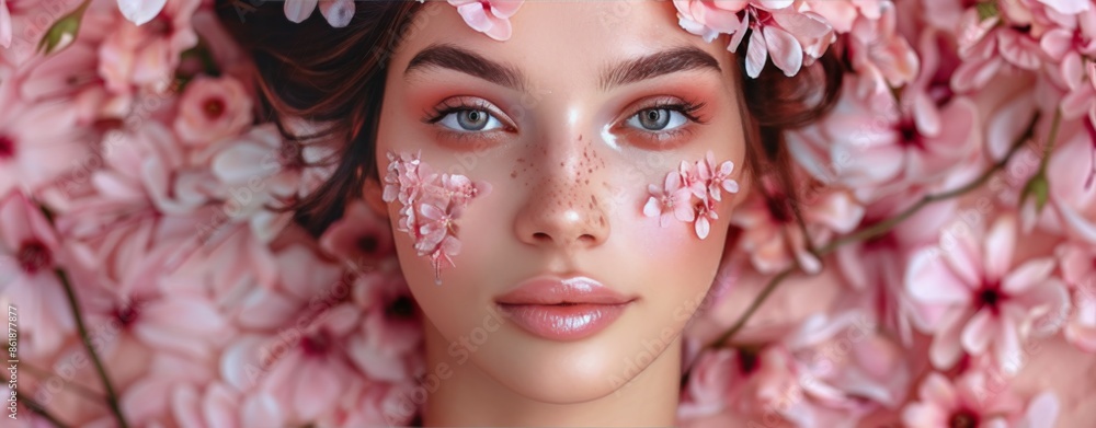 Close Up Portrait of Woman With Pink Blossoms Close Up Portrait of Woman With Pink Blossoms