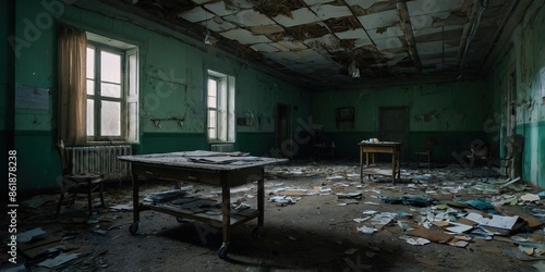 An old abandoned mental hospital. Office.