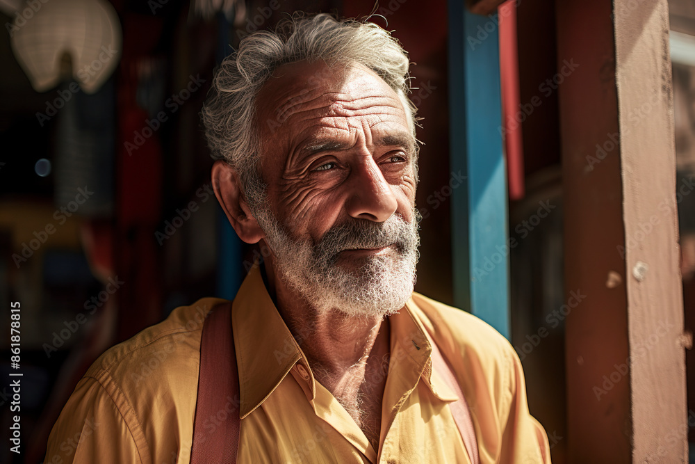 Portrait of an elderly man with gray hair and beard wearing a yellow shirt, standing by a window in sunlight. Outdoor photography. Wisdom and life experience concept Portrait of an elderly man with gray hair and beard wearing a yellow shirt, standing by a window in sunlight. Outdoor photography. Wisdom and life experience concept