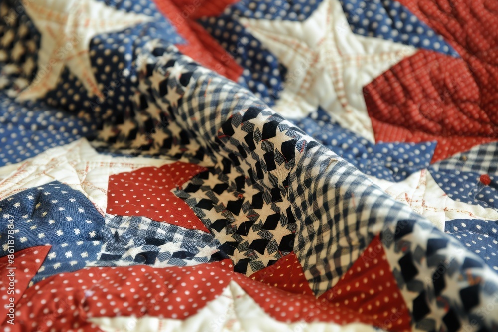Red, white and blue houndstooth quilt with star pattern on red background Generative AI Red, white and blue houndstooth quilt with star pattern on red background Generative AI