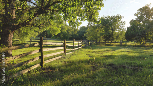 A wooden fence runs along a lush, green field, with trees casting dappled shadows from the bright sunlight. The scene is peaceful and inviting.