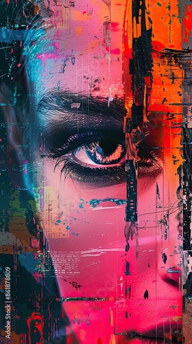 A woman's face is shown in a painting with a blue eye and a black eye liner