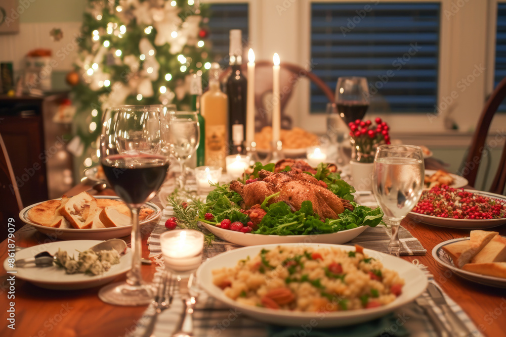 Fototapeta premium Enjoy the holiday with loved ones, food, decorations, and a cozy atmosphere at the dinner table