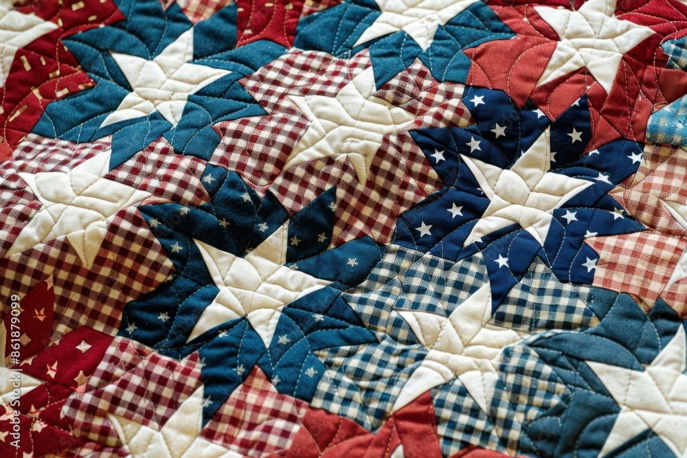 Red, white and blue houndstooth quilt with star pattern Generative AI Red, white and blue houndstooth quilt with star pattern Generative AI