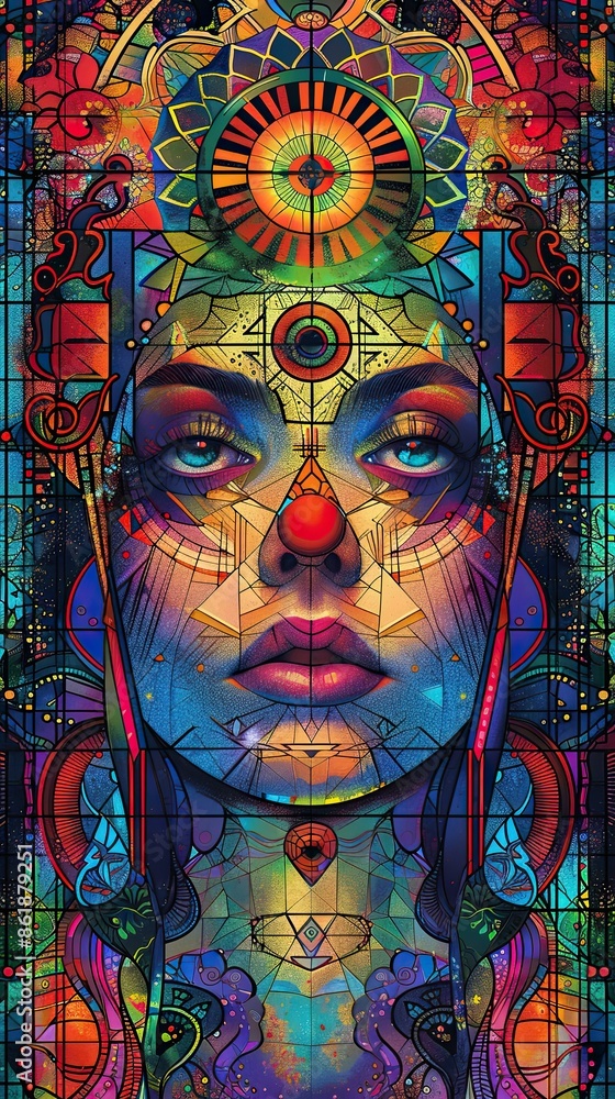 Fototapeta premium A woman's face is painted with a red nose and blue eyes