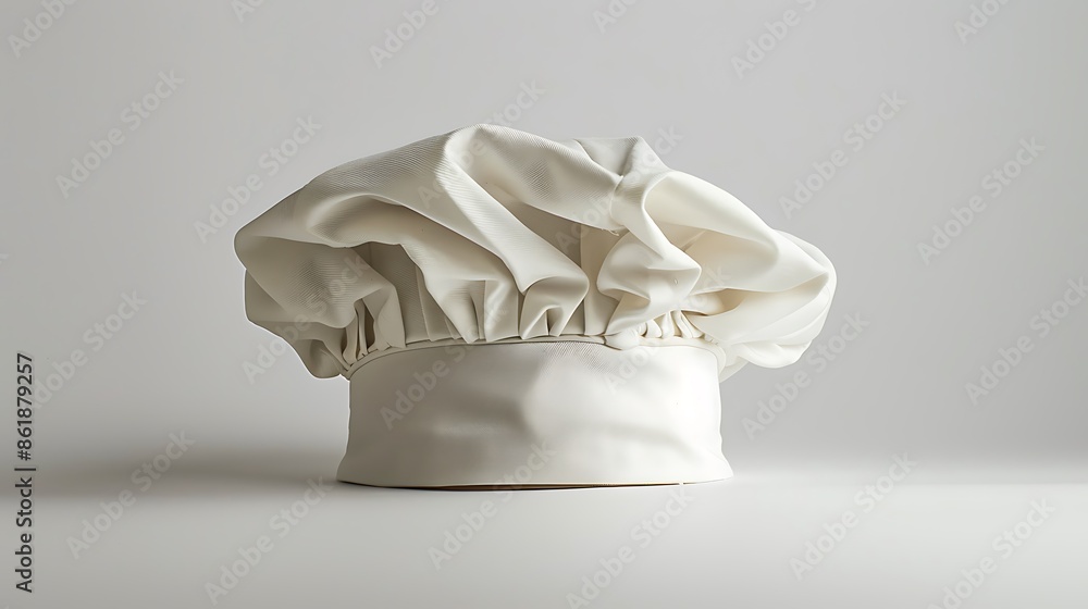 The image shows a white chef's hat displayed against a white background The image shows a white chef's hat displayed against a white background