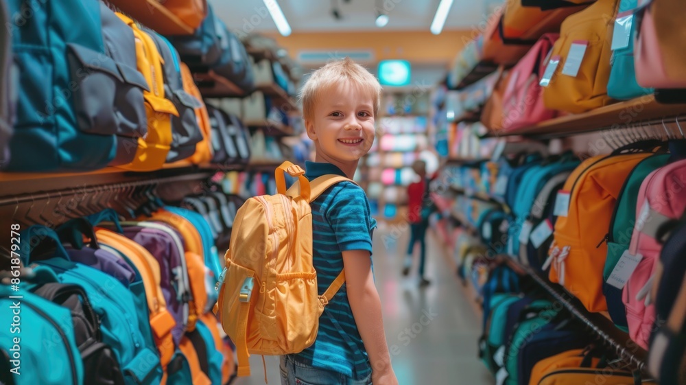 joyful expression on the face of a child in summer clothes choosing his first backpack surrounded by a variety of options joyful expression on the face of a child in summer clothes choosing his first backpack surrounded by a variety of options