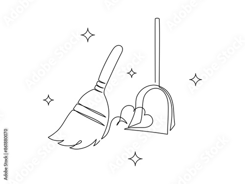 Cleaning and sweeping tools in one continuous line drawing. Broom with dust symbols and cleanup concept in simple linear style. Housekeeping in editable stroke. Contour vector illustration