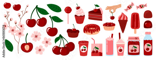 Cherry berry set. Summer refreshing drinks, sweets and desserts with taste of cherry.  Cherry with leaves and flowers. Flat Vector illustration isolated on white background