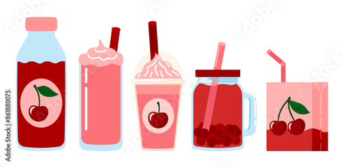 Cherry berry drink set. Summer refreshing drinks, juice, milkshake, bubble tea with the taste of Cherry. Flat Vector illustration isolated on white background