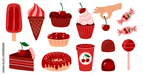 Cherry berry food set. Summer sweets and desserts with the taste of Cherry. Summer Fair. Flat Vector illustration isolated on white background