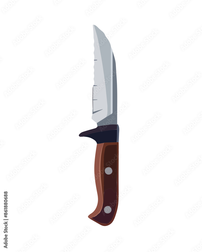 Obraz premium sharp serrated metallic blade dark brown wooden grip with finger guard. Video game asset completely lossless resizable vector art design on white background generative ai