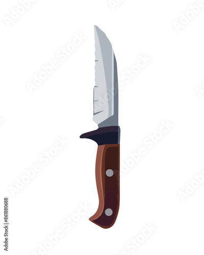 sharp serrated metallic blade dark brown wooden grip with finger guard. Video game asset completely lossless resizable vector art design on white background generative ai