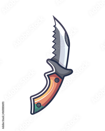 Foldable sharp jagged serrated pocket knife with brown handle. Video game asset completely lossless resizable vector art design on white background generative ai