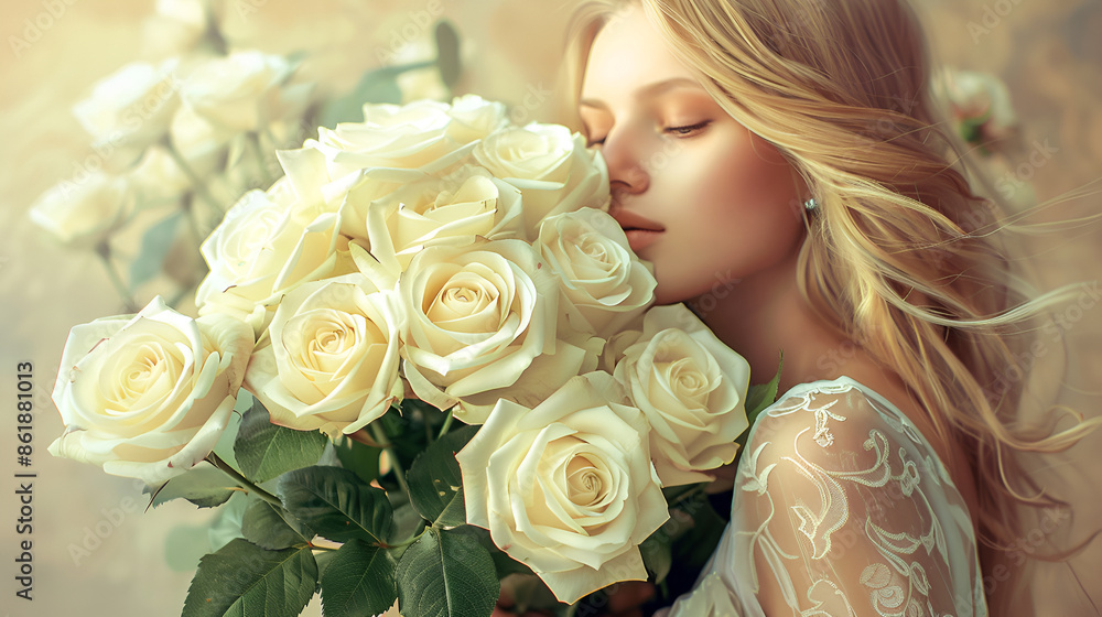 Naklejka premium beautiful girl with a bouquet of many white roses