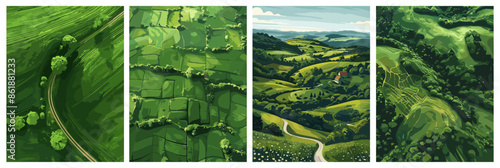 Aerial view of green field posters set. Summer fields landscapes. Rural green farm top views backgrounds. Spring season nature vector cards design templates