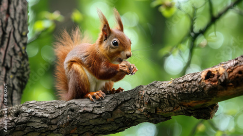 A squirrel perches on a tree branch, focused intently on eating a nut held between its paws. The background is filled with lush, green foliage.