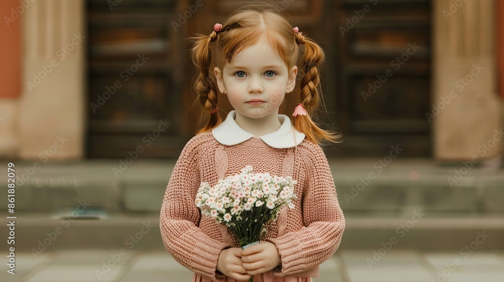 A young girl with red hair and pigtails stands in front of a building, holding a bouquet of white flowers. She is wearing a pink sweater and a white collared shirt A young girl with red hair and pigtails stands in front of a building, holding a bouquet of white flowers. She is wearing a pink sweater and a white collared shirt