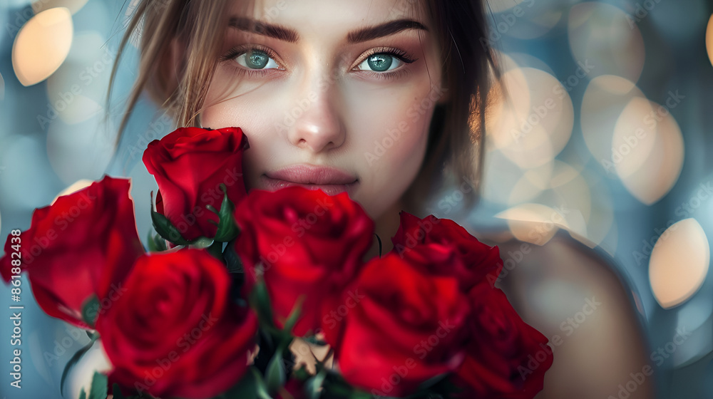 beautiful girl with a bouquet of many red roses beautiful girl with a bouquet of many red roses