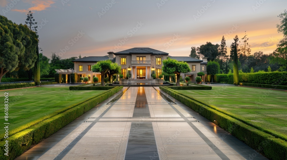 Luxurious mansion with manicured lawn and grand entrance during sunset, showcasing opulence and architectural beauty. Luxurious mansion with manicured lawn and grand entrance during sunset, showcasing opulence and architectural beauty.
