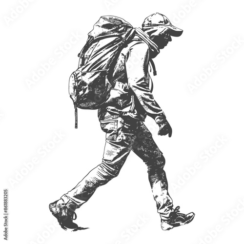 Hiker Silhouette: Pen & Ink Style, Backpack Trekking Illustration.
