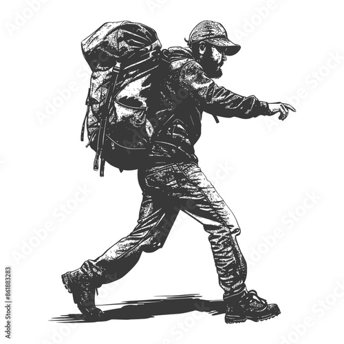 Ink Sketch: Bearded Hiker with Backpack Pointing the Way.