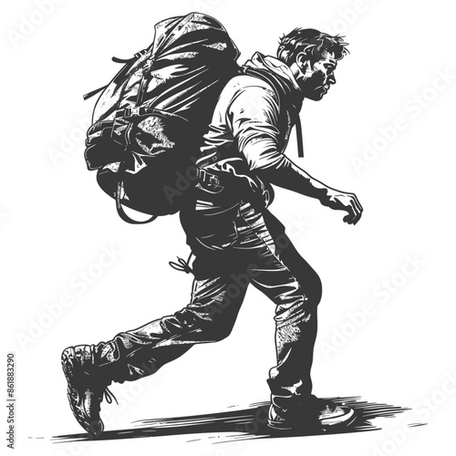Vector Hiker: Weary Traveler with Heavy Pack, Graphic Style Illustration.