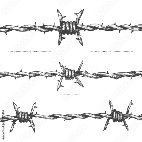 Barbed Wire Rows: Hand-Drawn Illustration, Sharp Prickles, Rustic Texture.
