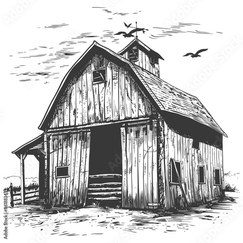 Vintage Barn Sketch: Weathered Wood, Birds in Flight, Rural Americana.