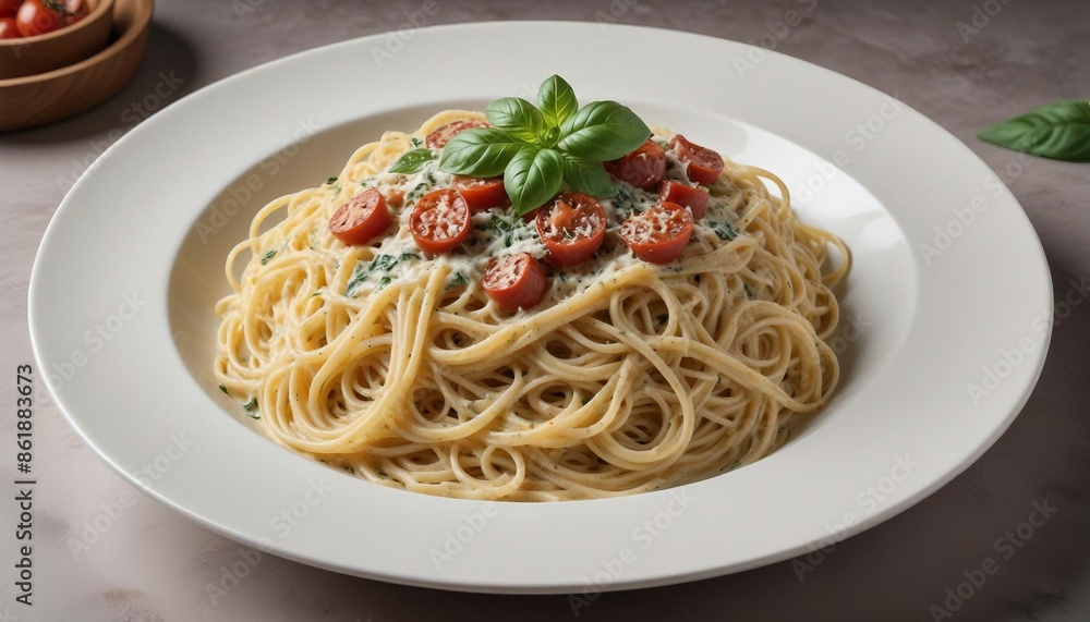spaghetti with creamy basil sauce in a white porcelain pasta dish, copy space for text, ad shot. spaghetti with creamy basil sauce in a white porcelain pasta dish, copy space for text, ad shot.