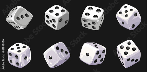 Cartoon 3D white dice set. White cube for playing casino. Random turns and angles with different black dot numbers. Poker cubes. Vector set on dark background