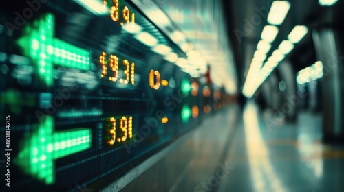 Digital display showing changing numbers and arrows in a modern subway station, indicating directions and fare prices.