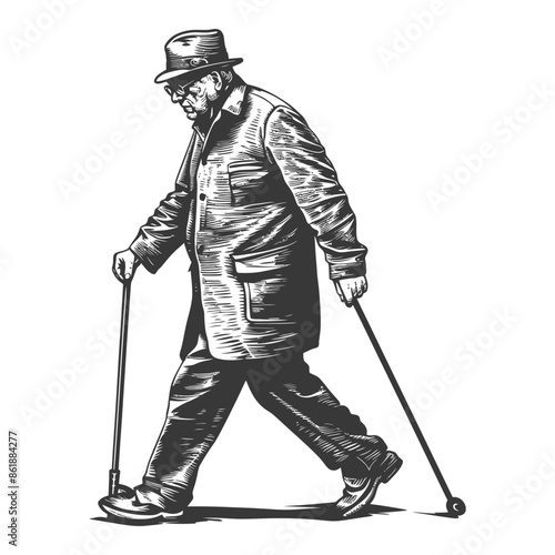 Woodcut Elder: Dapper Gentleman Strolling with Canes, Vintage Style.
