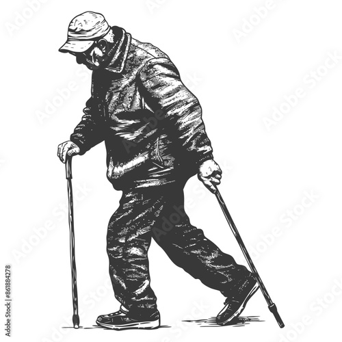 Elderly Man with Nordic Walking Sticks, Ink Drawing Style, Isolated.