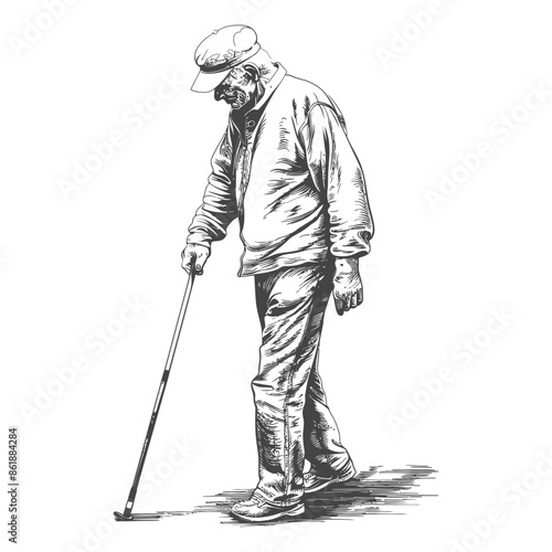 Pen Sketch: Elderly Man Walking with Cane, Head Down, Cap, Casual Clothing.