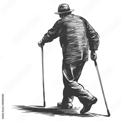 Monochrome Elder: Back View of Hatted Man with Canes, Stylized Illustration