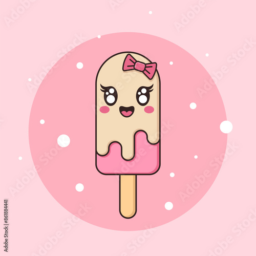 Kawaii ice cream popsicle vector flat illustration. Pink and beige cartoon ice cream with outline, eyes and smiling girlish face.