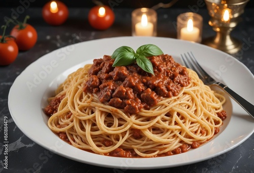 spaghetti with traditional Neapolitan sauce in a restaurant with decorative presentation 