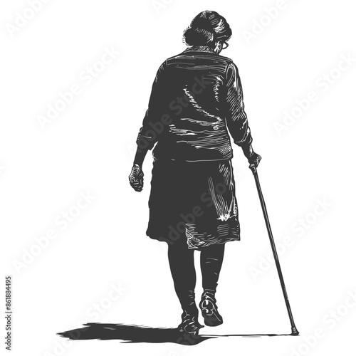 Solitary Woman with Cane: Aged, Walking Away, Vector Silhouette, Monochrome.