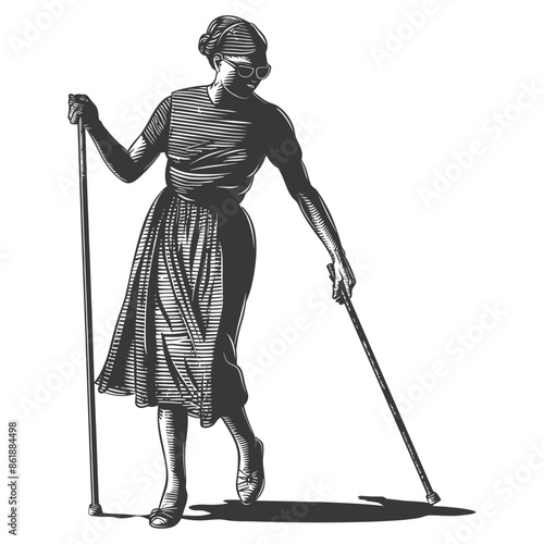 Blind Woman with Canes, Vintage Engraving Style.