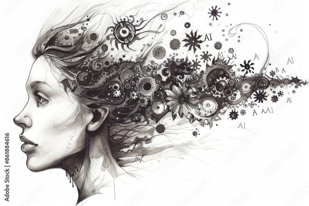 Fototapeta premium AI powered woman with floral hair, artificial intelligence, digital art, advanced tech, creative AI design, neural networks