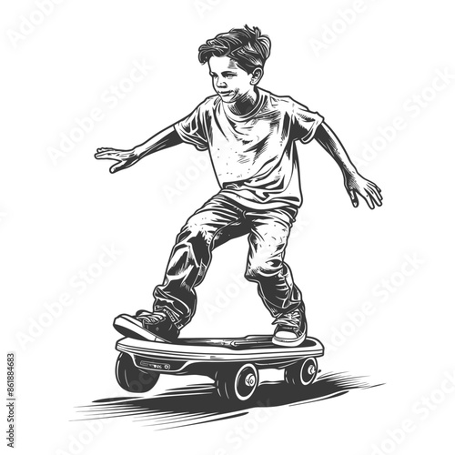 Sketch of a Boy Skateboarding, Youthful Energy, Vintage Style.