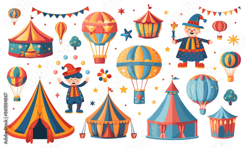 Circus elements set. Tent air baloon juggler clown lights. Comedic entertainment designs, amusement park. Isolated vector cartoon style clip art collection