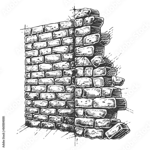 Hand-drawn brick wall corner, unfinished sketch, exposed brick detail, architectural design element.