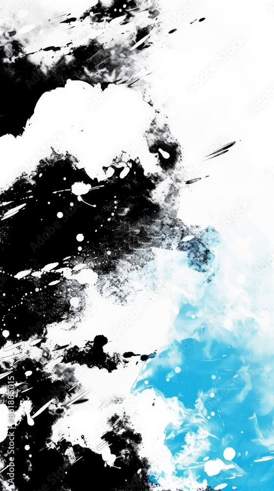 A close-up of abstract ink splashes in black, white, and blue on a white canvas A close-up of abstract ink splashes in black, white, and blue on a white canvas