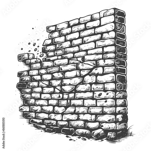 Sketch of Collapsing Brick Wall with Crumbling Bricks.